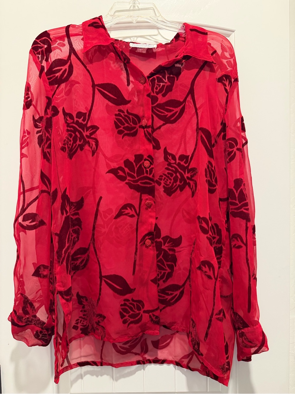 VTG Impressions of California Sheer Red Velvet Burnout Rose Blouse Top Large